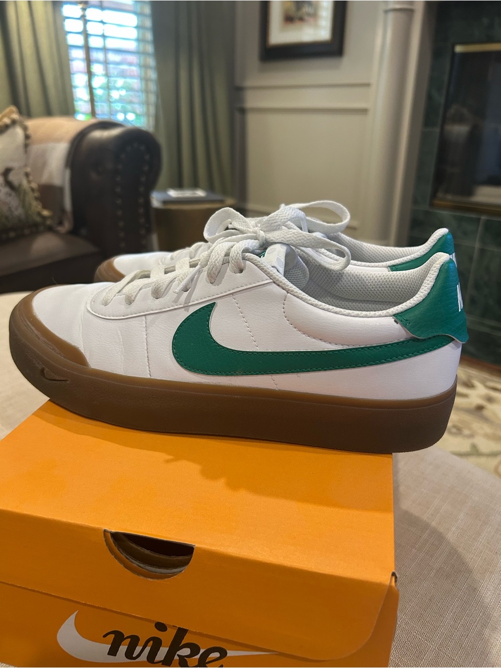 Nike Men’s Court Shot - White with Green Swoosh and Gum Sole - Picture 3 of 6